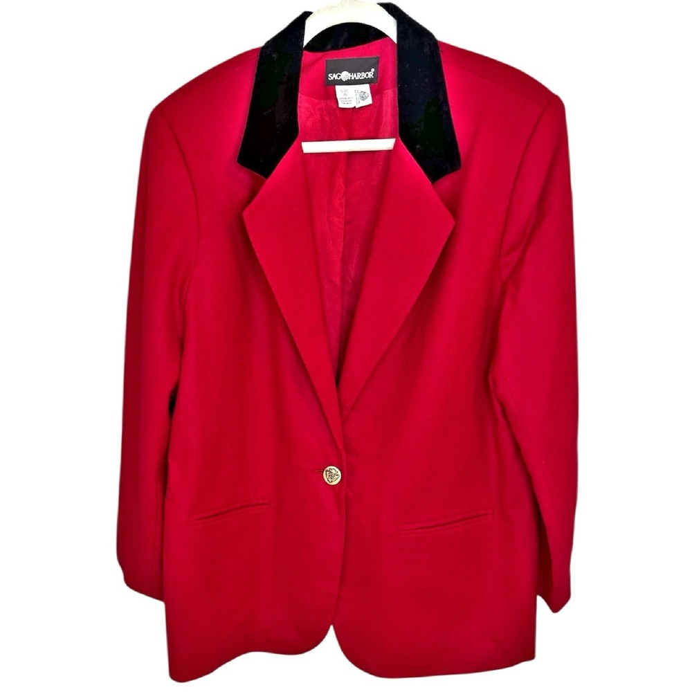 Vintage Sag Harbor Wool Blazer Velvet Collar Size 18 Red Black Jacket 90s Y2K‎